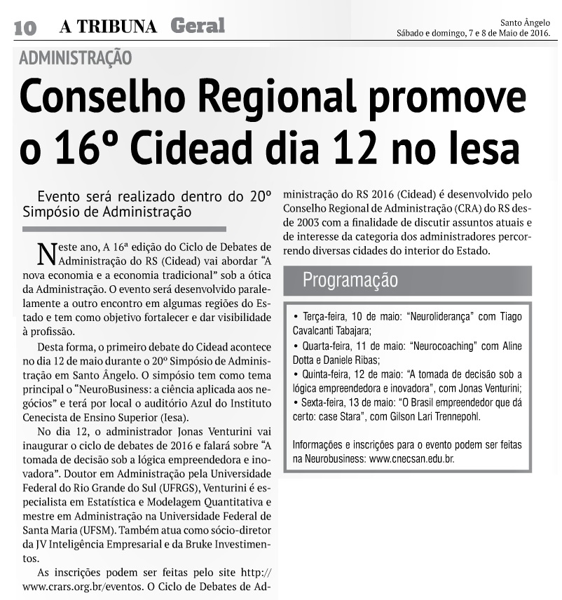 Conselho Regional promove o 16° Cidead dia 12 no Iesa